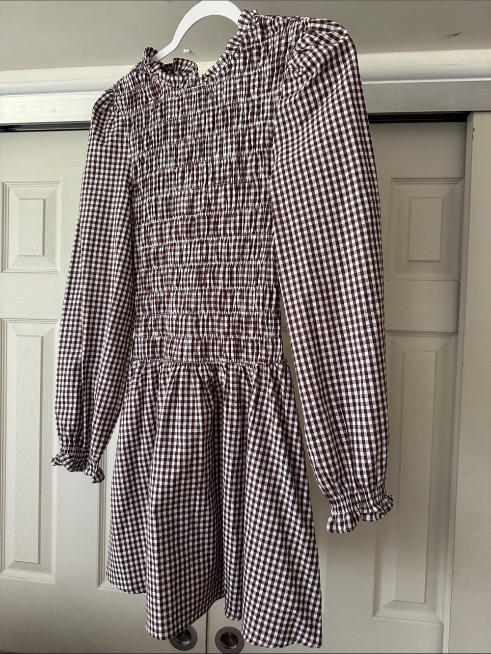 Cupshe Brown and White Gingham Smocked Long-Sleeve Dress